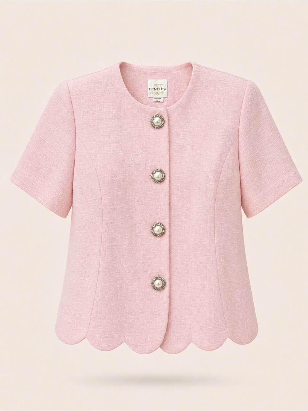 Vintage Bentley Pink Blazer Pearl Buttons Short Sleeve Feminine Romantic Chic 16